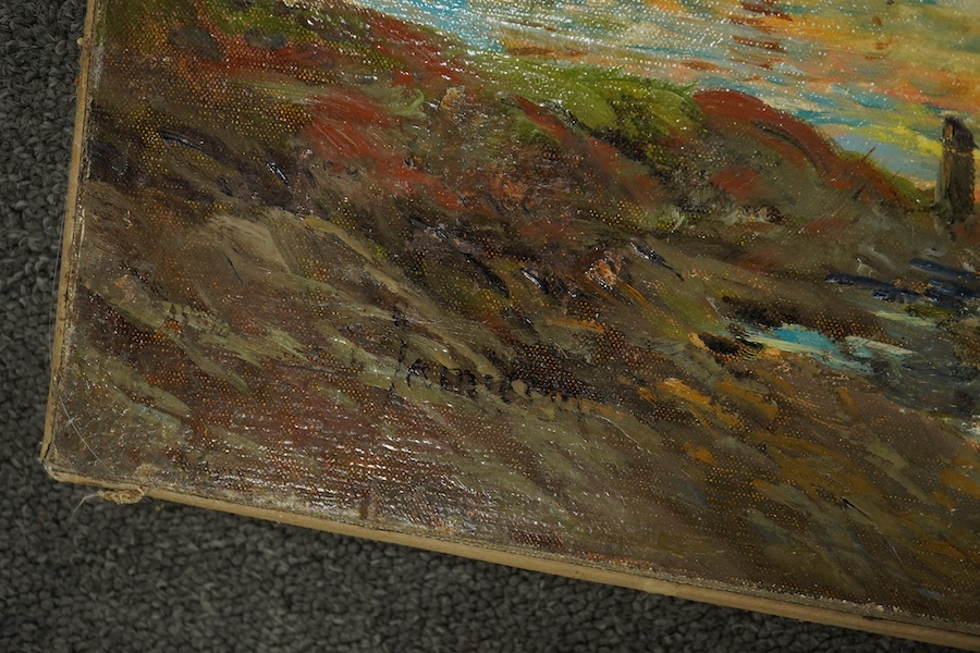 Continental school, oil on canvas, Estuary scene with ships, indistinctly signed, 51 x 60cm, unframed. Condition - good, re-lined